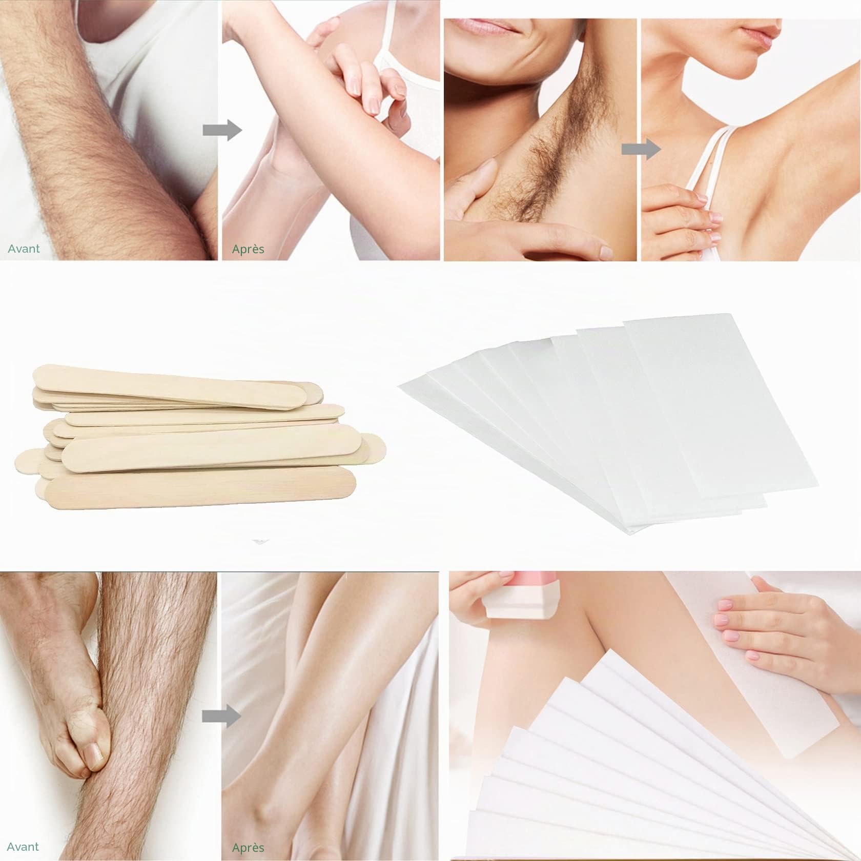 Lot de 400 bandes non tissées et bandes en bois douces pour l'épilation des jambes, poitrine, dos et parties intimes