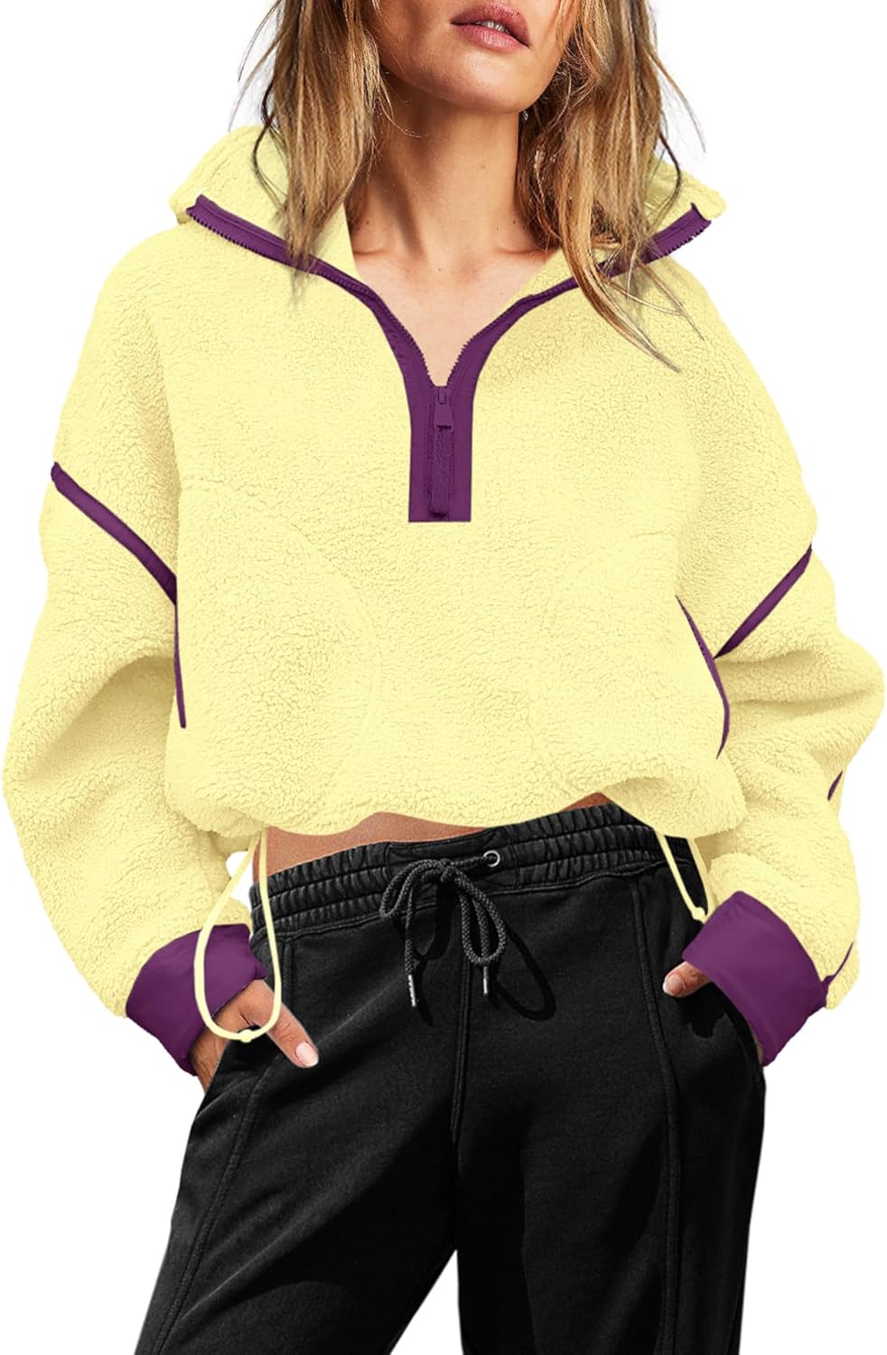 Yanekop Womens Quarter Zip Pullover Sherpa Fleece Jacket Oversized Zip Up Sweatshirt Half Zip Pullover Fuzzy Outerwear - Image 2