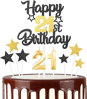 Boys Girls 21th Happy Birthday Candles Cake Toppers,Number 21 Candle for Cake,Black Gold Candles for Women Men Birthday Decorations,Star Cake Toppers for Birthday Party Wedding Anniversary