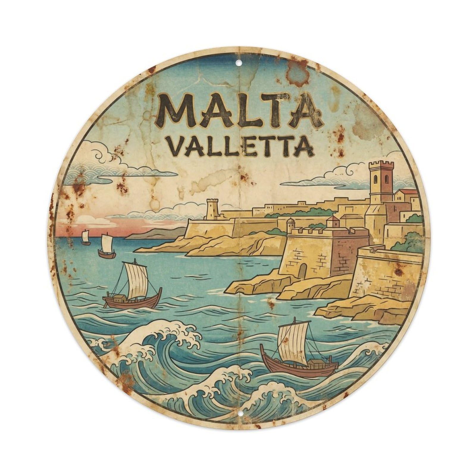 Malta Valletta Coastal Travel Ink Illustration Metal Tin Sign