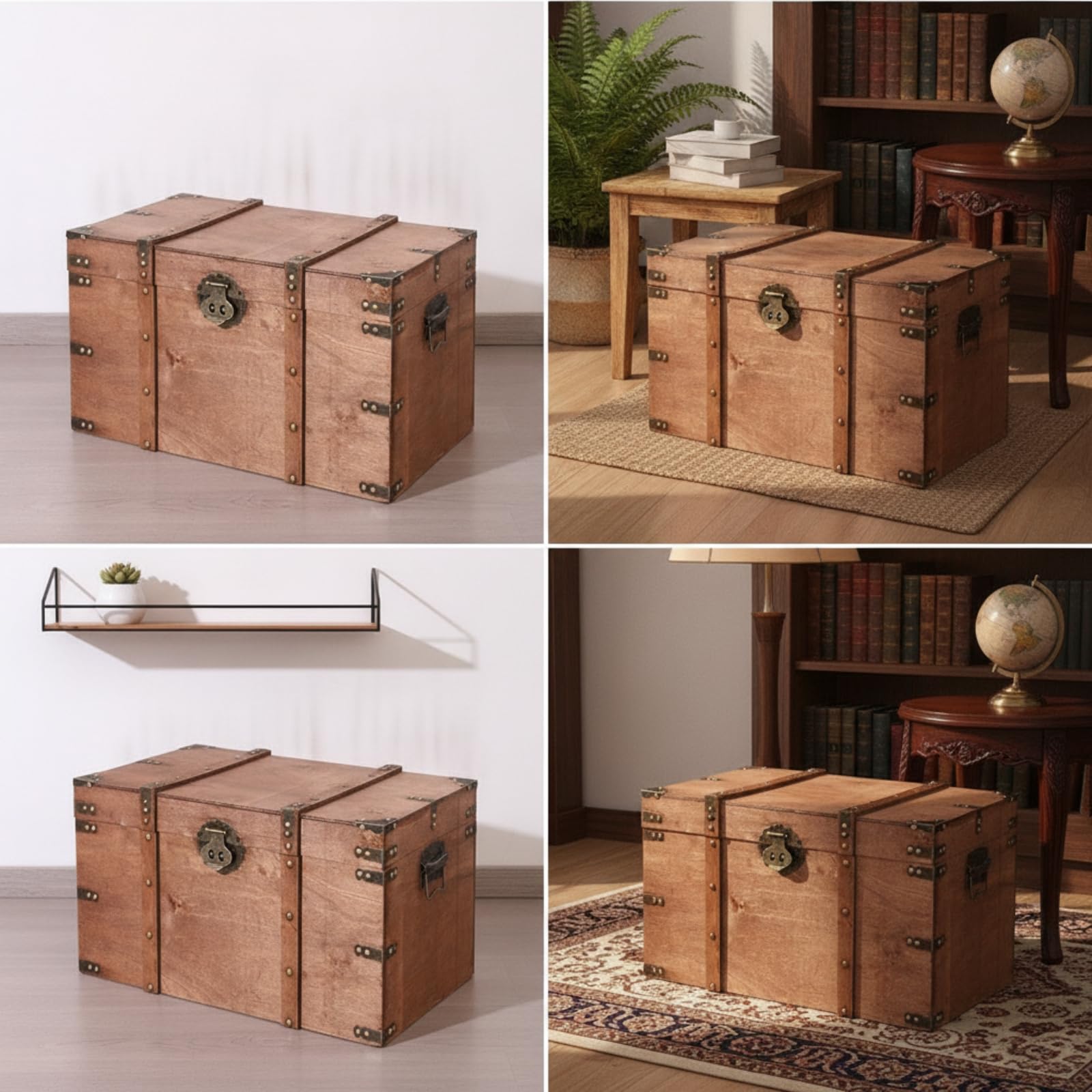 Baúl Madera con Tapa Decorativo Arcón Almacenamiento con Asas Robusto Arcón para Coleccionistas, Salón, Madera Natural, Mediano