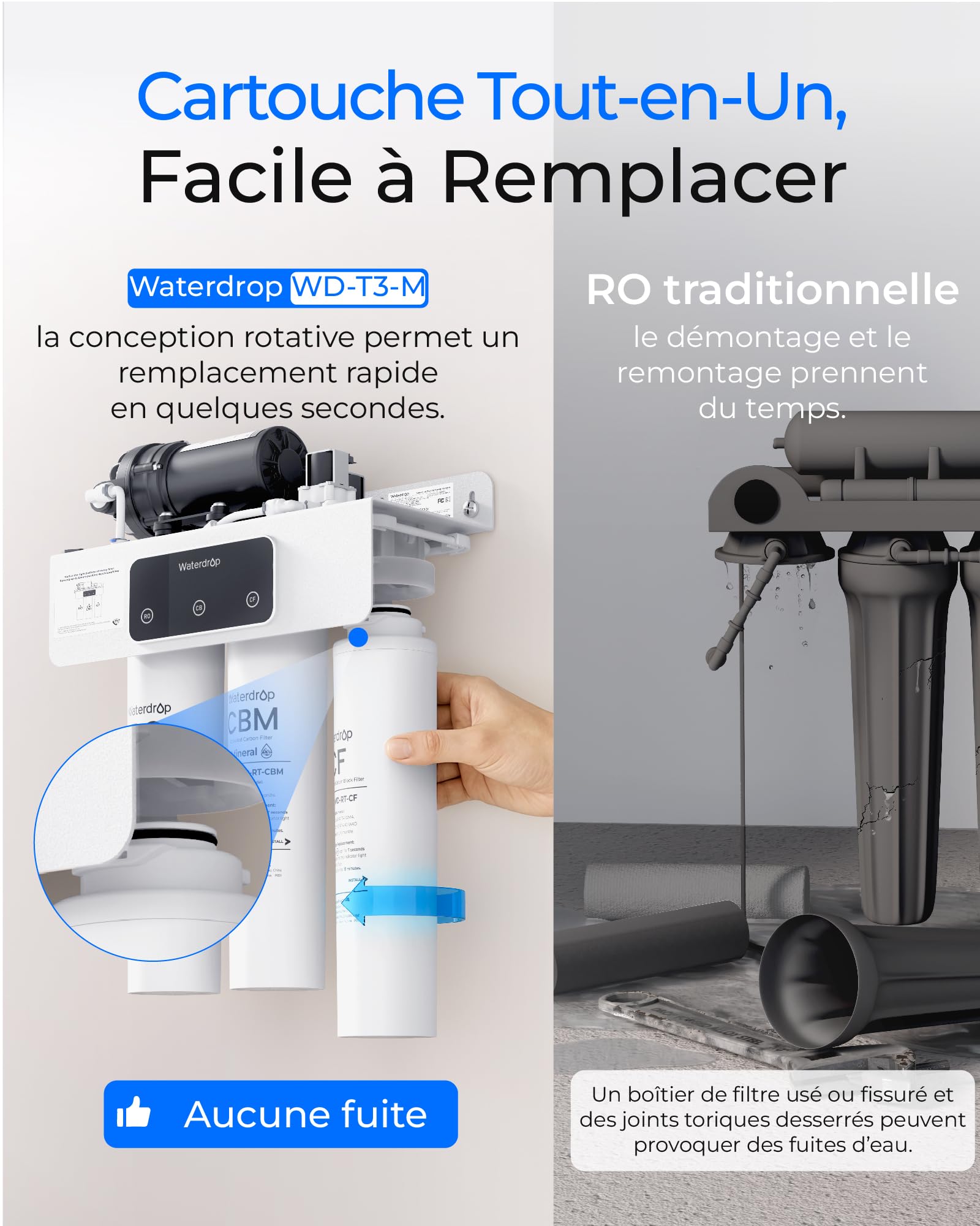 Waterdrop T3-M Système d'Osmose Inverse Reminéralisant sans Réservoir, Certifié NSF/ANSI 372, Filtre à Eau RO à 9 Étapes, 450 GPD, Ratio Eau Pure/Eau de Rejet de 2:1, Raccordement Électrique Requis