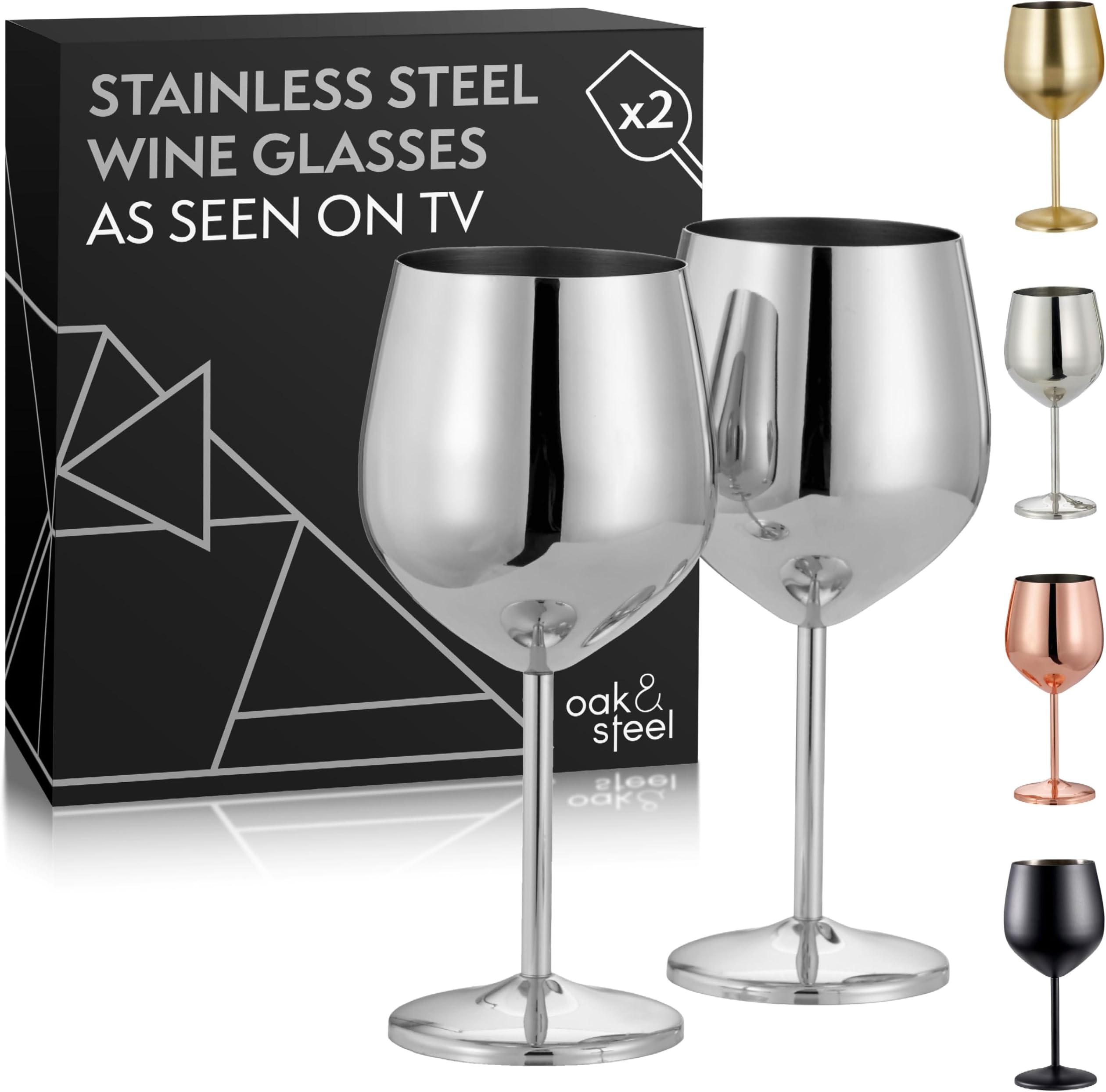 Oak & Steel - 2 Silver Stainless Steel Wine Glasses (18 Oz) Unbreakable Metal Wine Glasses, Wine Goblets with Gift Box for House Warming, Valentines, Anniversary