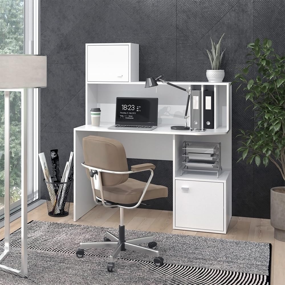 Vicco Bureau Alwin, Blanc, 115x55cm | avec 2 portes, convient à une utilisation comme poste de travail avec surfaces de rangement