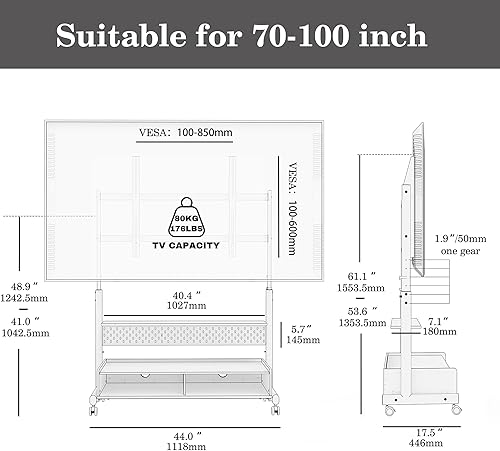 Miniatura 6 de FITUEYES Soporte de TV de suelo rodante para televisores LCDLED grandes de 70 a 100 pulgadas, carrito de TV resistente con capacidad de hasta 176