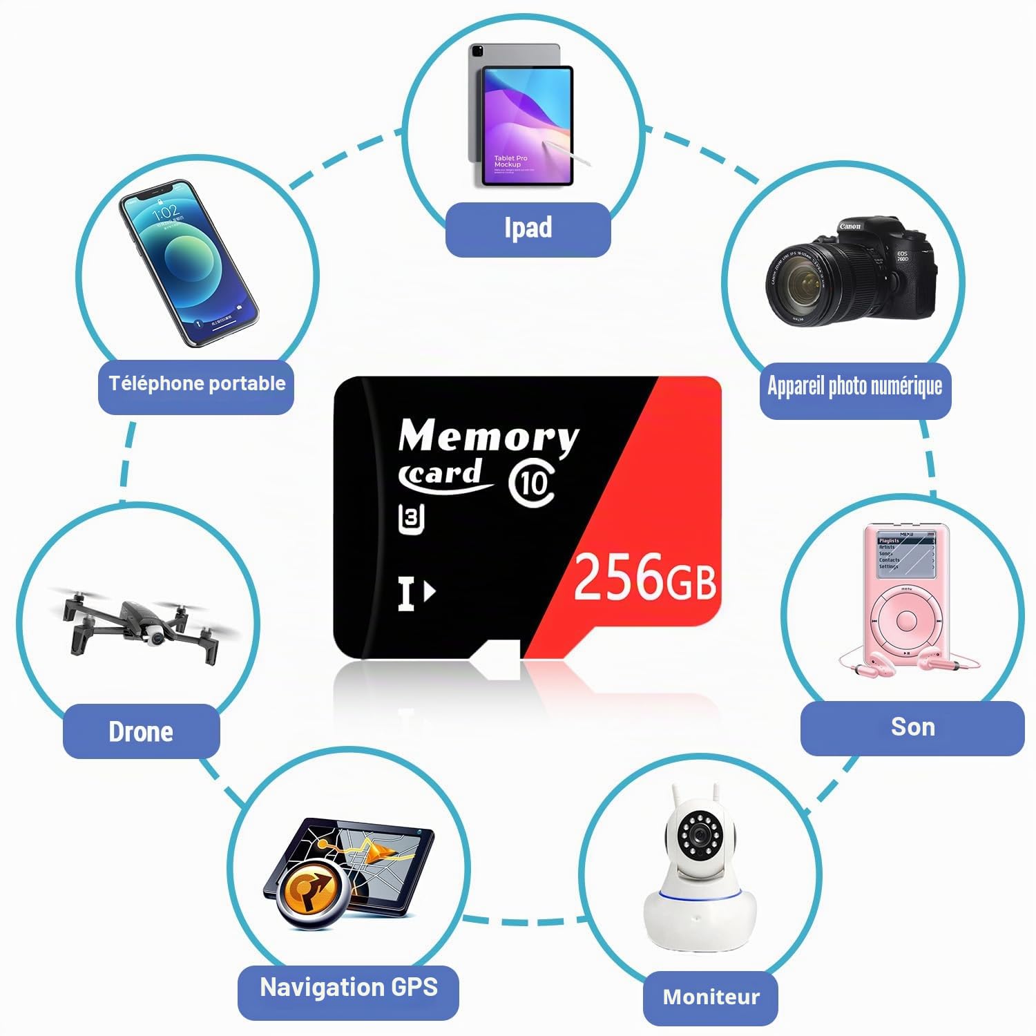 Carte Micro 256Go + Adaptateur TF, Classe 10, Vitesse jusqu'à 100 Mo/s, Compatible 4K UHD, UHS-I, U3, V30-ZD256Go