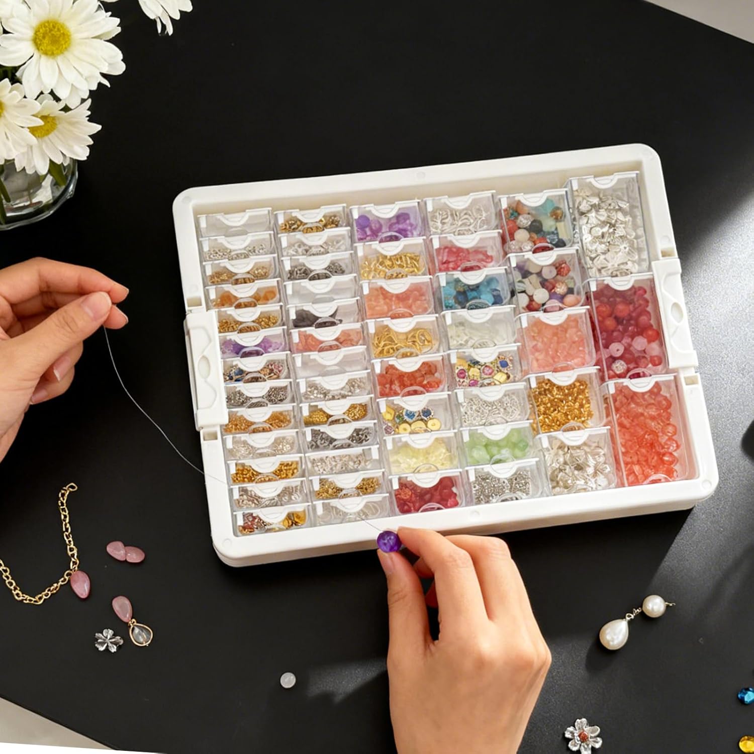 Bead Organizer Box Includes 50 Clear Removable 4 Different Sizes Beads Storage Containers with Snap Shut Lid for Nail Art Rhinestone Jewelry