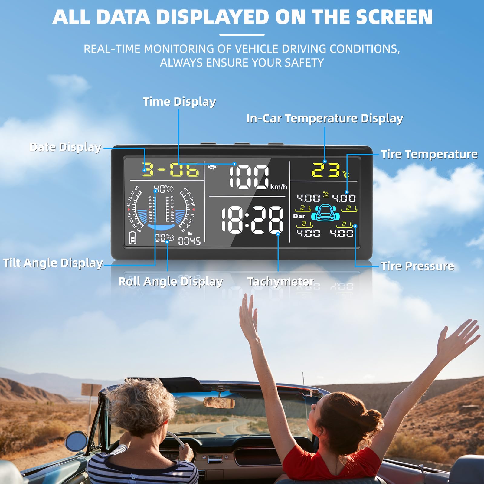 Multifunktional Tpms Reifendruckkontrollsystem mit 4 externen Sensoren Solaraufladung Monitor Universal Mit Geschwindigkeit, Steigung und Höhe HUD Display,9.9BAR/199Psi für SUV Van Auto