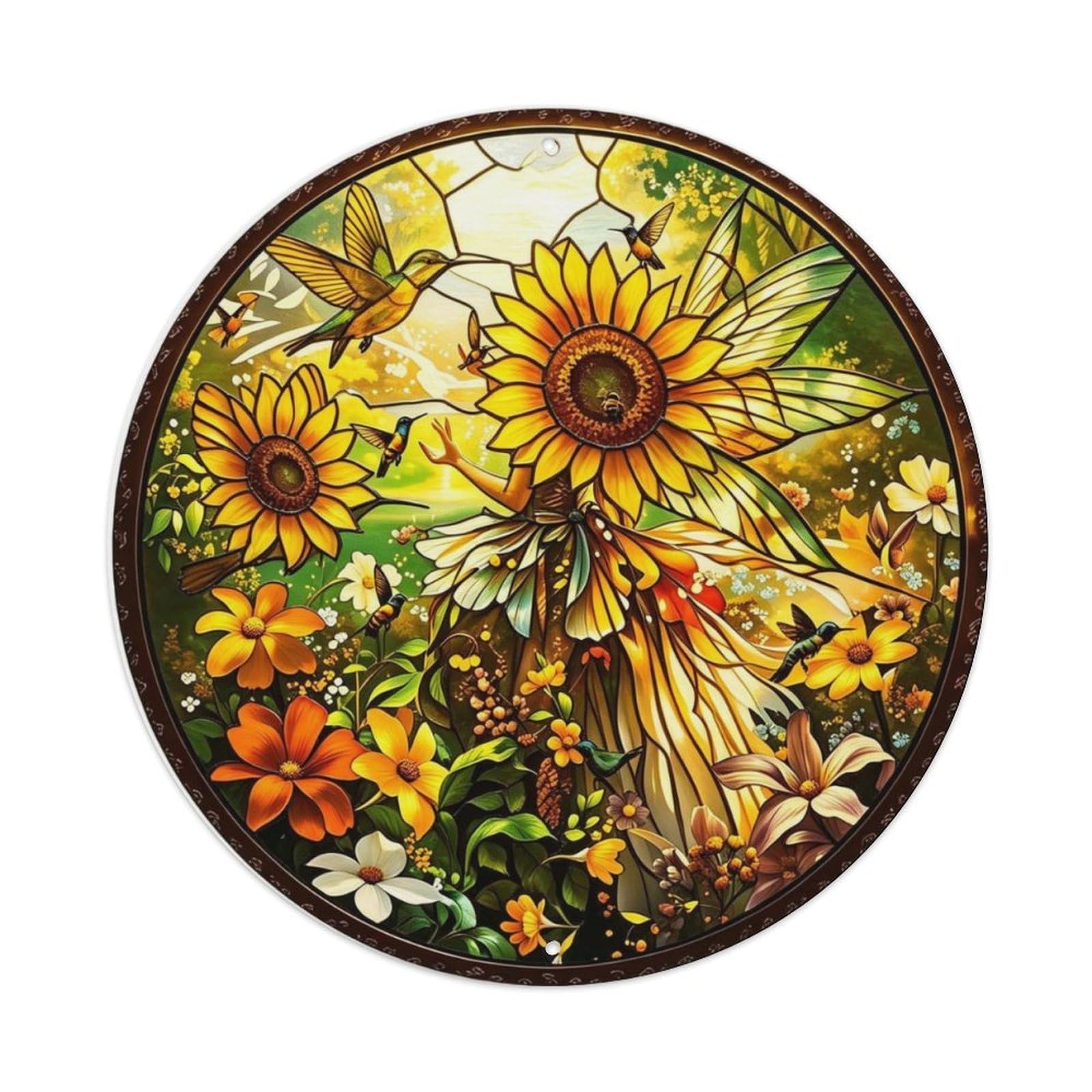 Sunflower & Honeybee Summer Garden Stained Glass Metal Tin Sign Plaque