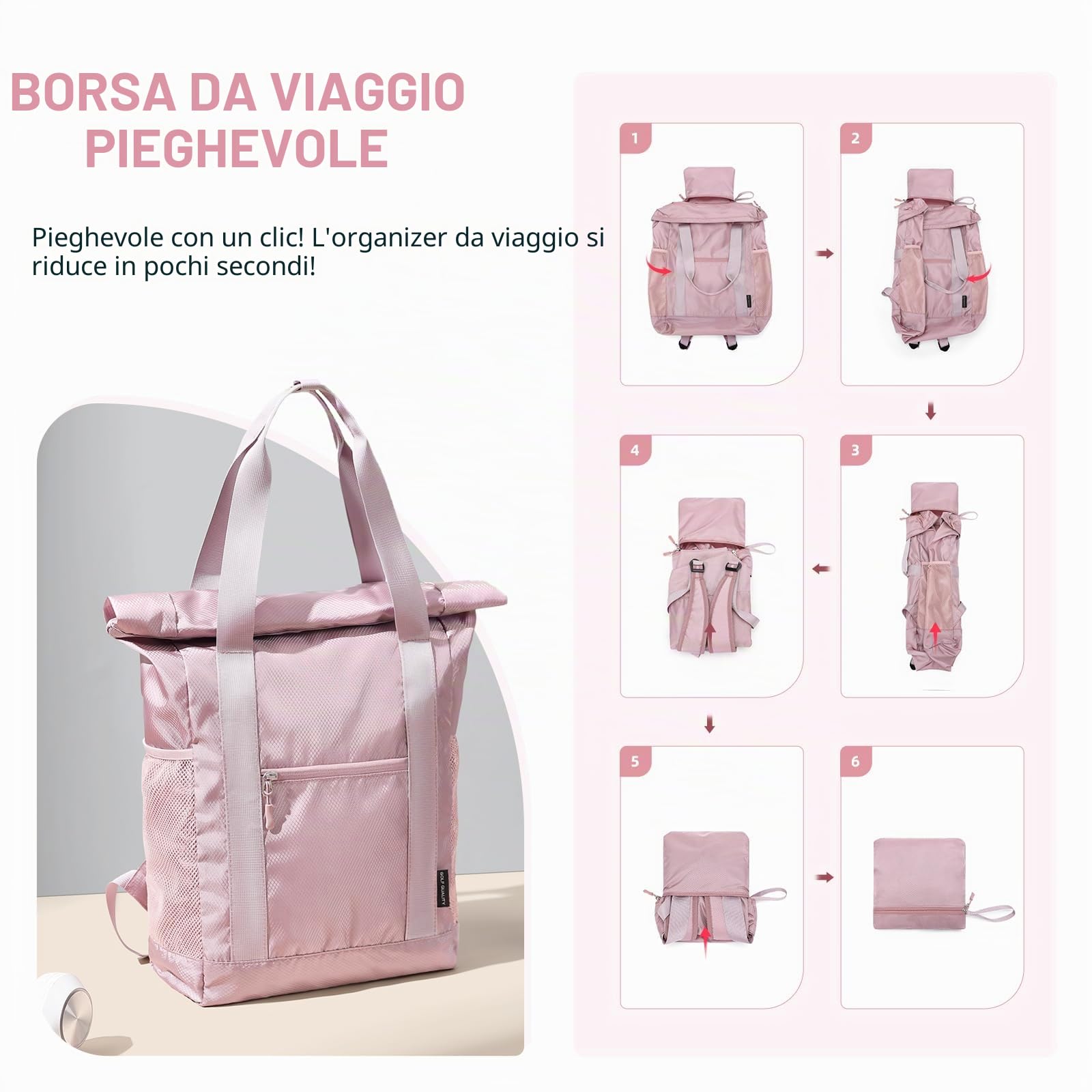 Zaino Pieghevole 2 In 1 Convertibile in Nylon Leggero per Donna Uomo Viaggio Città Sportivo, Borsa a Mano Versatile, Casual Daypack 21.9L, Rosa mirtillo