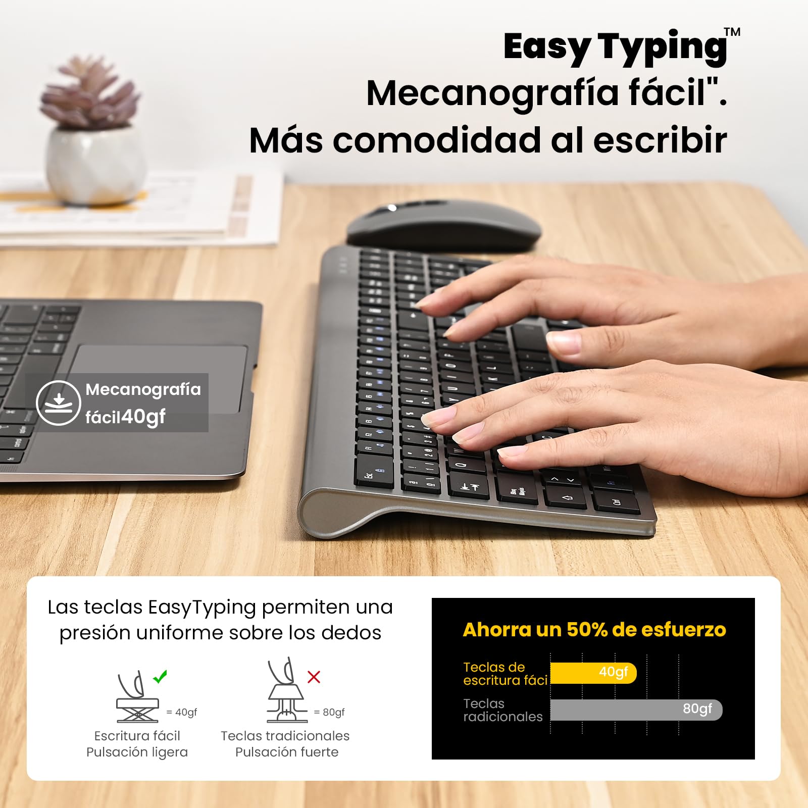 Combo Teclado y Ratón Inalámbrico- cimetech Teclado y ratón Recargable 2.4G, QWERTY Español Layout, Teclado de diseño ergonómico, Ultrafino para Ordenador/PC/portátil/Windows 10/8/7(Gris)