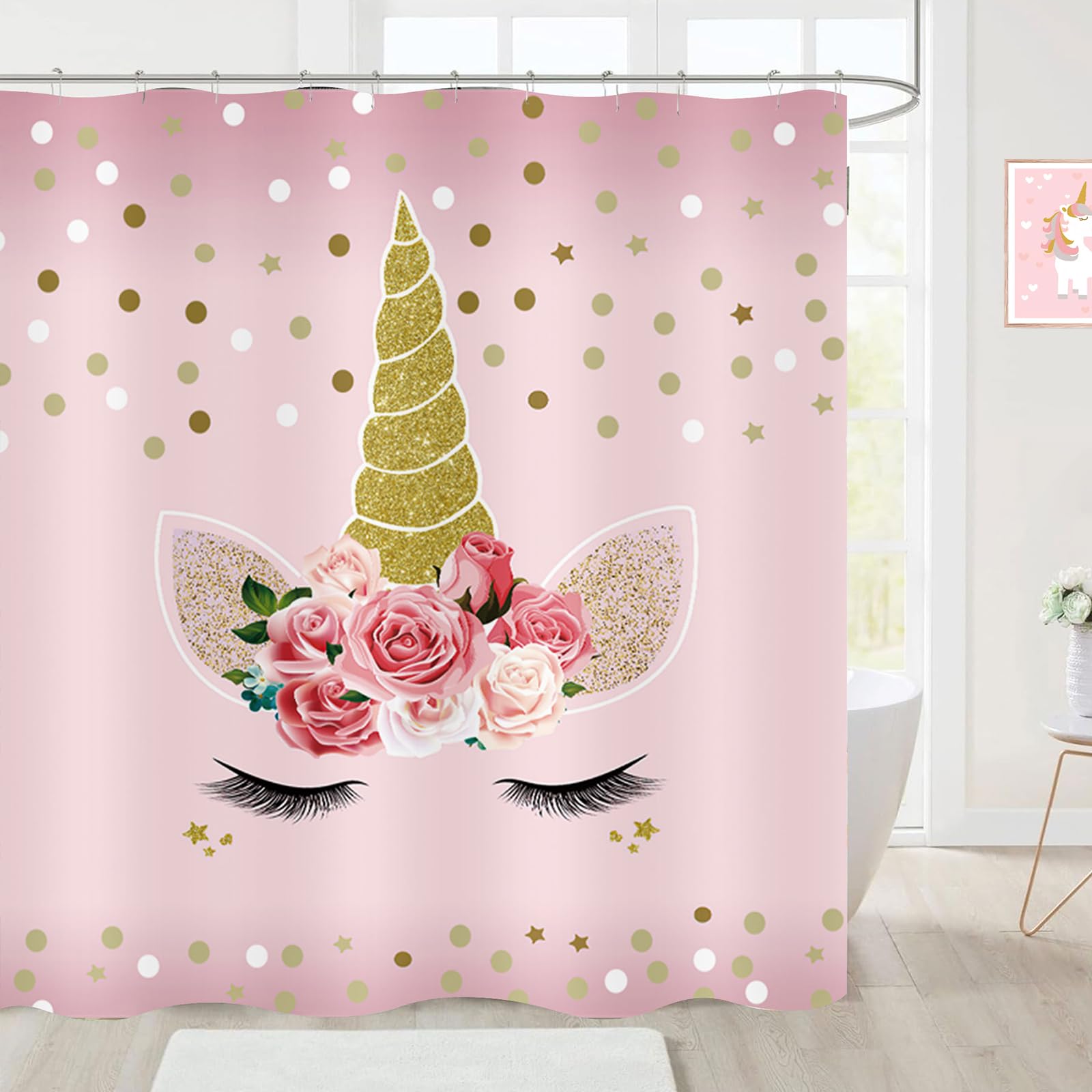 ZCHOMI Unicorn Kids Shower Curtain Polka Dot Pink Shower Curtains for Girls Bathroom Waterproof Polyester Fabric Bathroom Curtain 72 x 72 Inch with 12