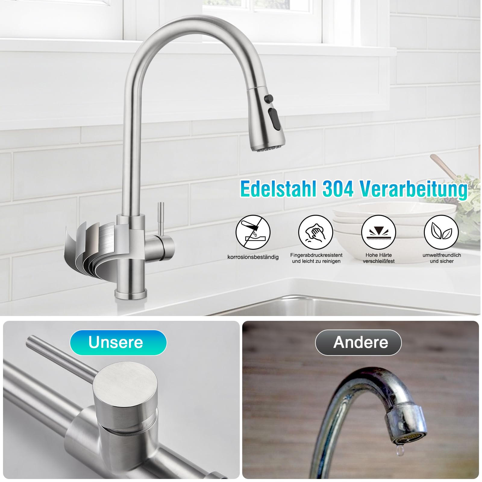 Wasserhahn Küchen, Hochdruck Küchenarmatur mit Brausekopf, 2 Wasserauslauf Modi, Wasserhahn Küche Ausziehbar, 360° Drehbar, 304 Gebürstete Edelstahl Spültischarmatur, Keramikkartusche