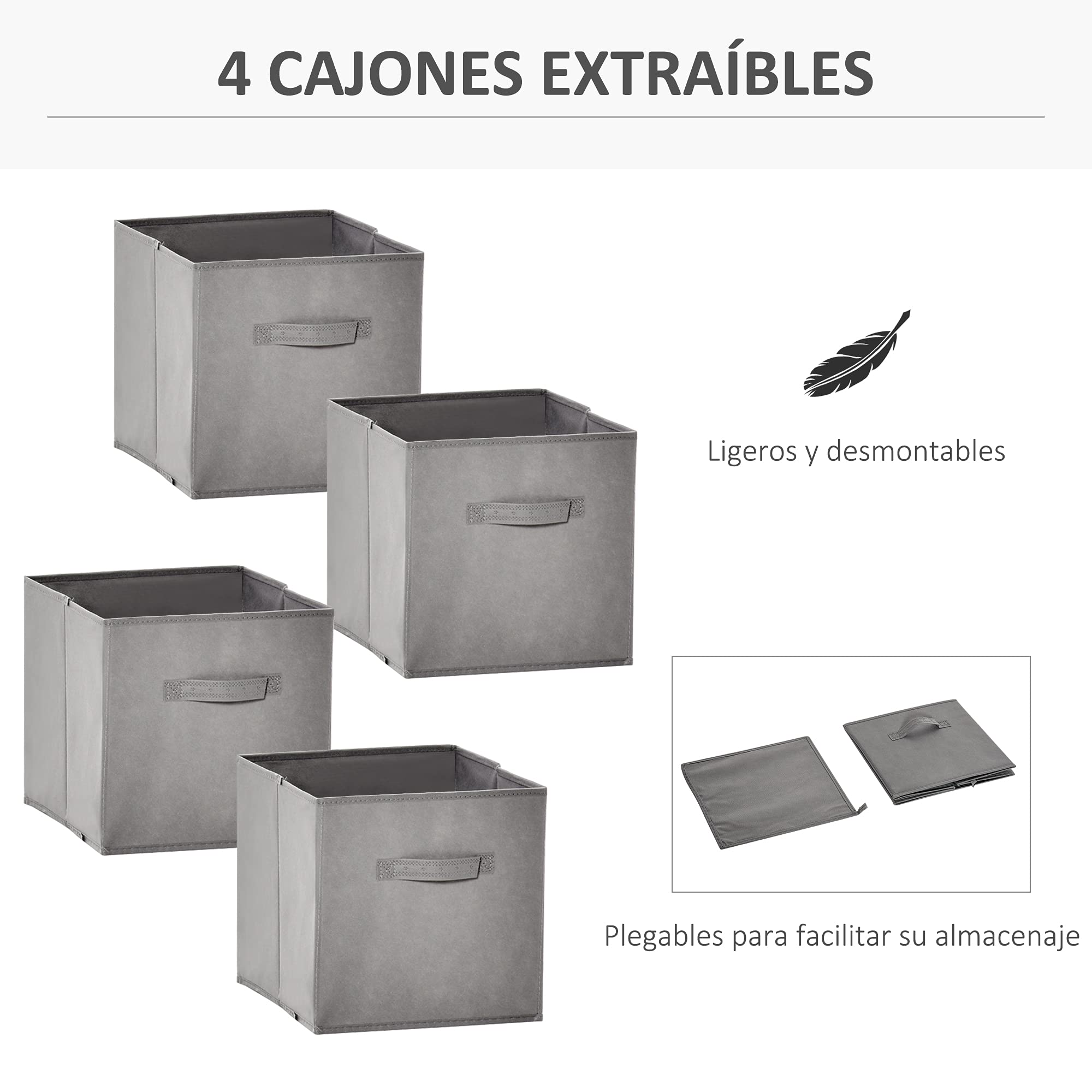 HOMCOM Estantería para Libros 8 Cubos, 61,5x30x121,6 cm Blanco y Gris | Librería Modular, 2 Cajones Extraíbles Tela no Tejida, Oficina Estudio Dormitorio