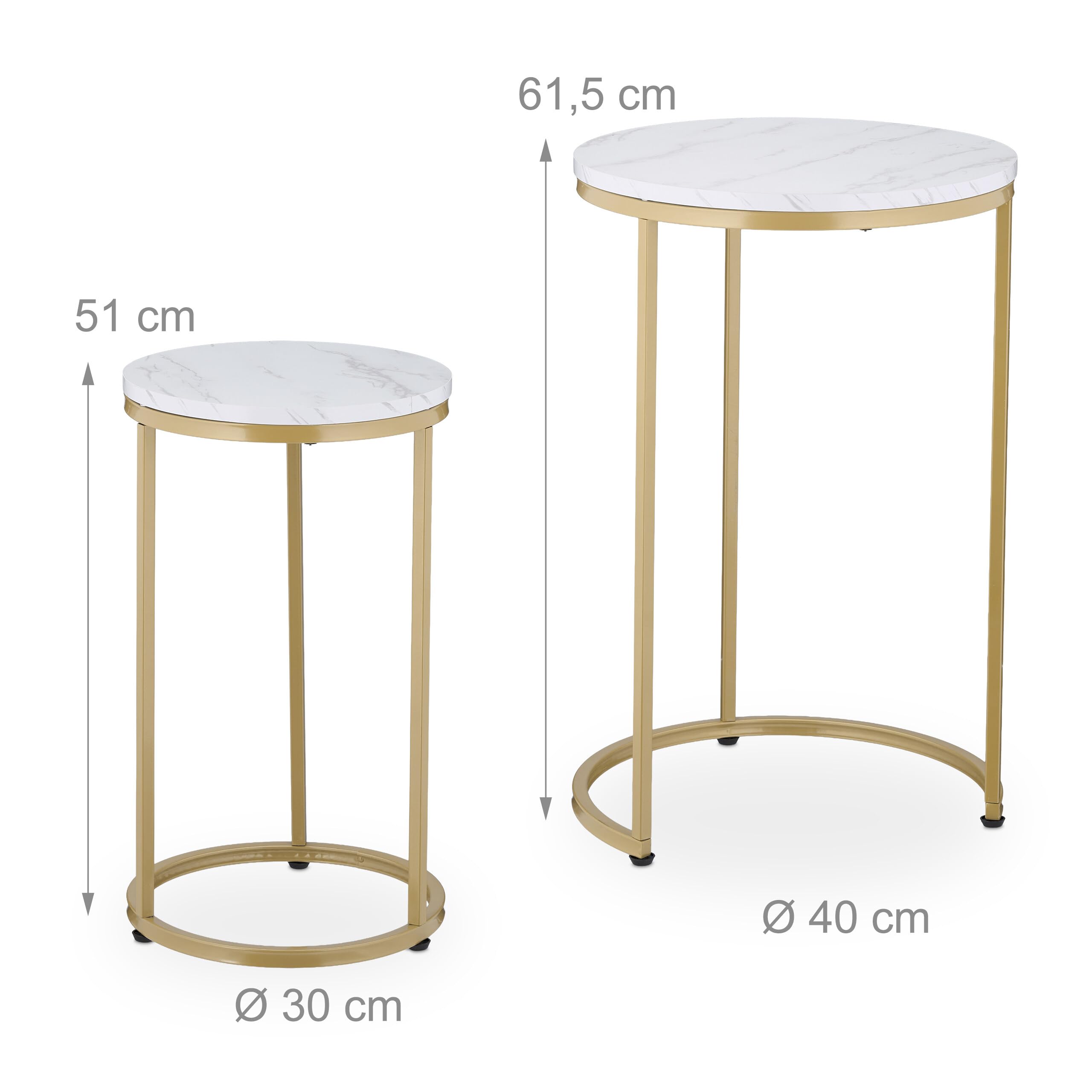 Relaxdays Table d'appoint en Lot de 2 (Dimensions différentes), mélange de matériaux, pour Le Salon, Blanc et doré