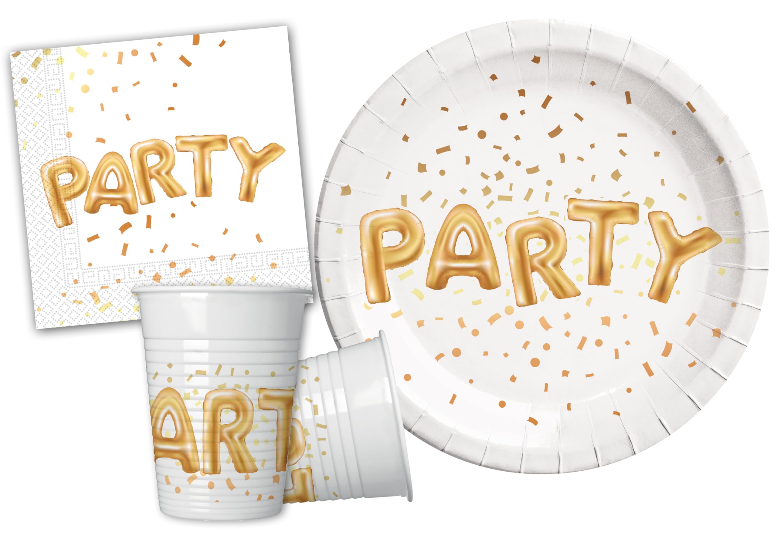 Party Tableware Set Gold Party for 24 people (88 pcs: 24 paper plates Ø23cm, 24 cups 200ml, 40 paper napkins 33x33cm)