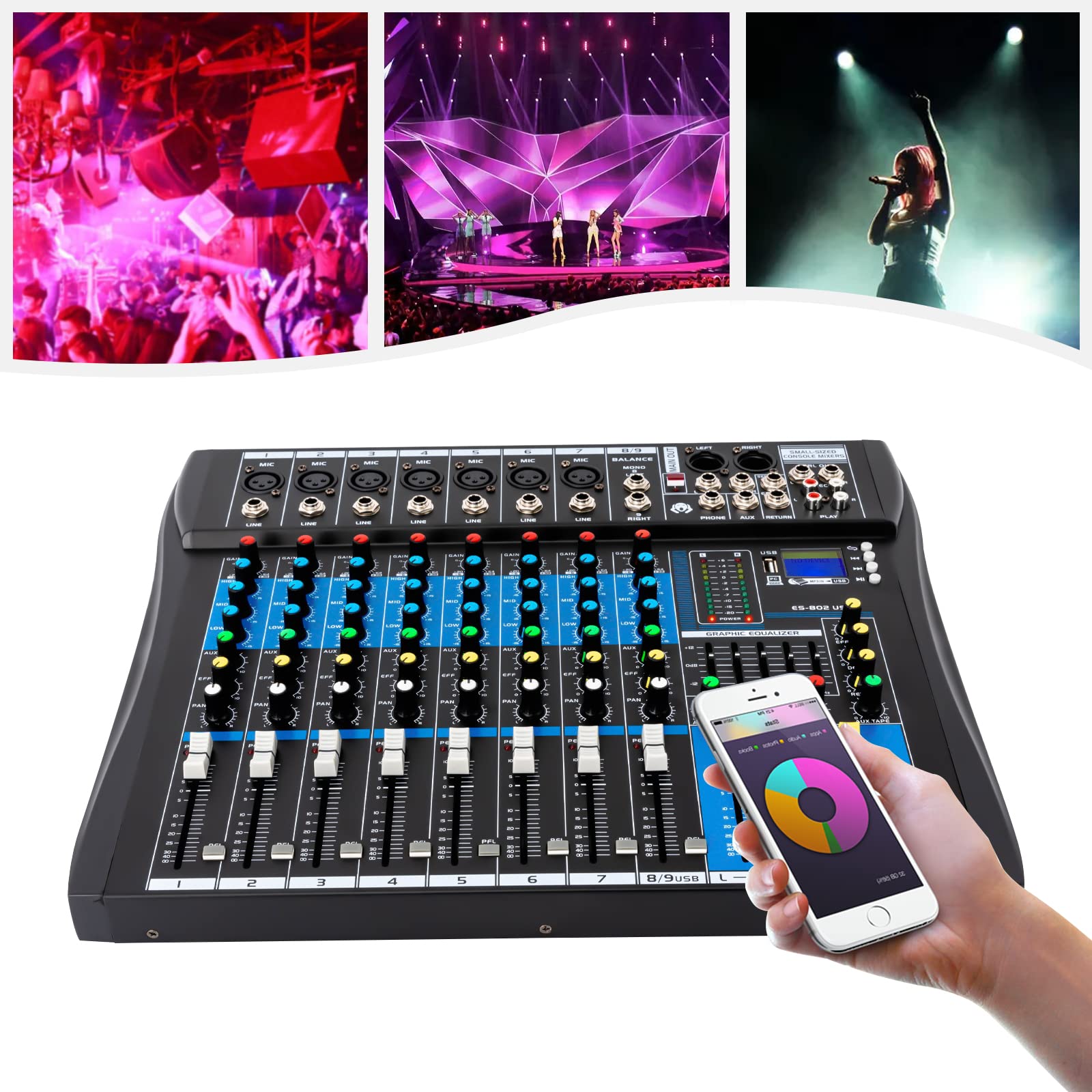 Professionelle 8 Kanal Stereo Sound Mischkonsole, Mischpult mit USB Bluetooth DJ Live Audio Mixer mit LCD-Anzeige mit Hall-Delay-Effekt für Heim-KTV, Aufnahmestudios, Live-Streaming, 48V Phantom Power