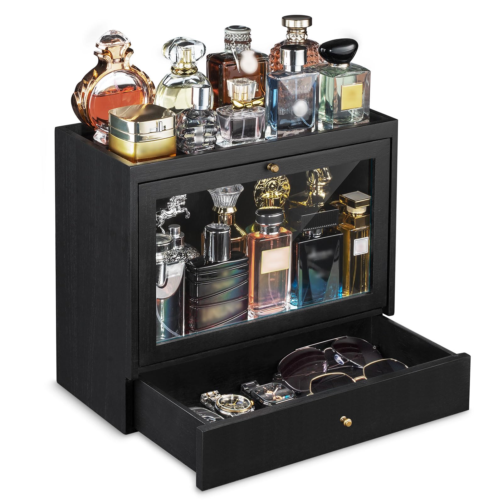 Organizador de perfumes para hombres y mujeres, organizador de perfumes de madera con cajón, gran capacidad, protección contra el polvo, para perfumes, cosméticos y joyas en el tocador (negro)