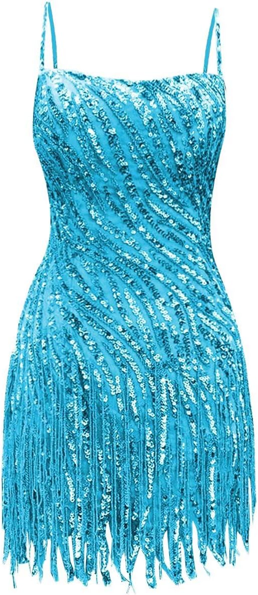 Sparkly Sequin Homecoming Dresses Spaghetti Straps Tight Short Cocktail Party Dress with Tassels for Teens