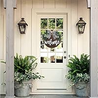 Vista 4 de Letrero de bienvenida para puerta delantera, decoración para porche de granja, coronas de bienvenida rústicas con vegetación grapada, regalo redondo