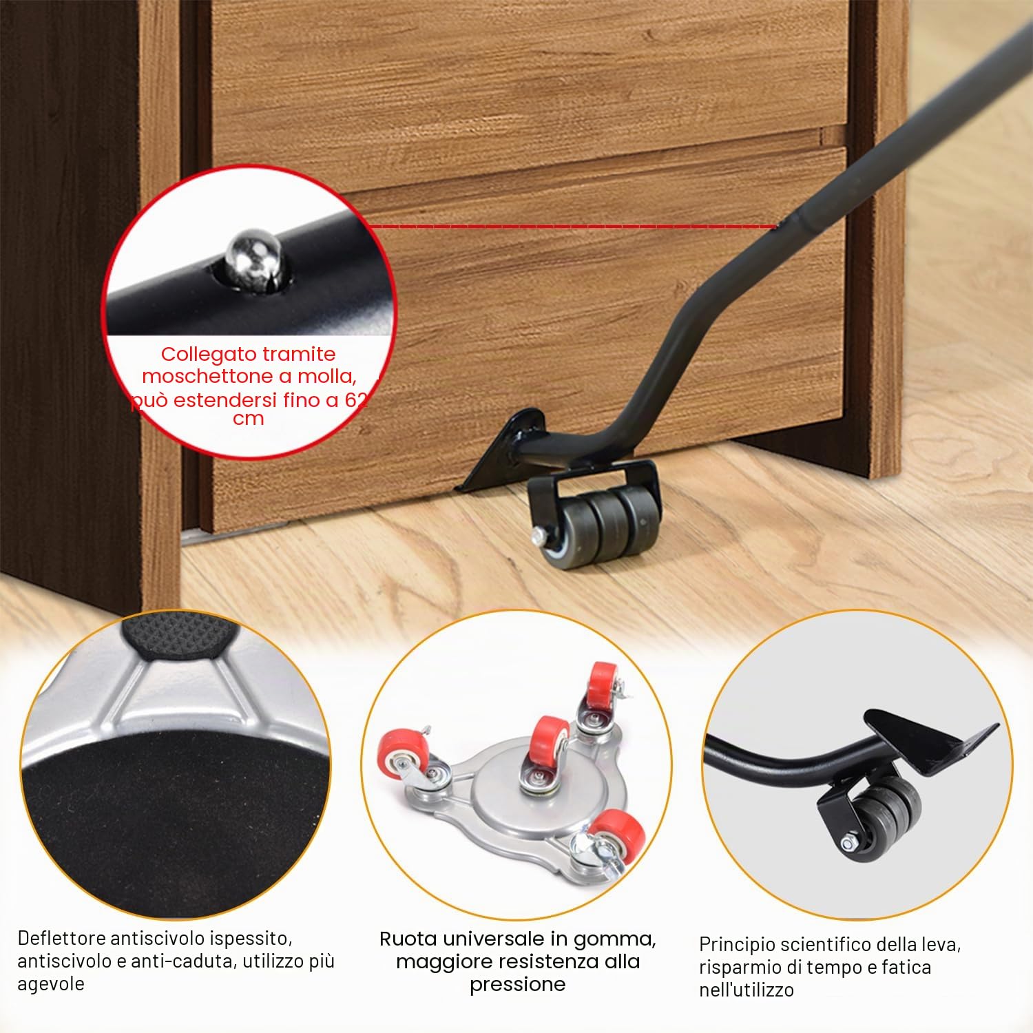 Kit Sposta Mobili con Ruote, 5 Pezzi Ruote Girevoli per Spostare Mobili, Carico Fino a 400kg, Rotelle per Mobili Pesanti, Sollevatore Mobili, Ruote per Carrello con Freno, Rotelle per Lavatrice