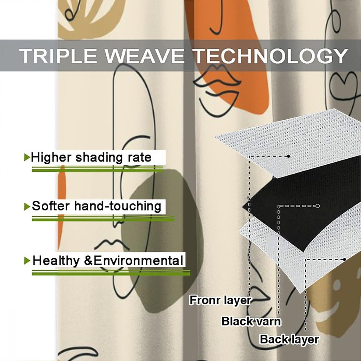 Abstract Human Face Curtains Minimalist Modern Mid Century Aesthetic Portrait Blackout Rod Pocket Curtains for Bedroom Living Room Kitchen Thermal Insulated Window Drapes 2 Panel Set 63x72in