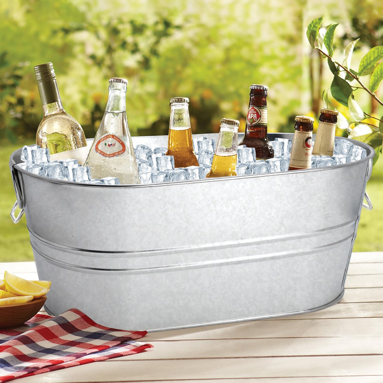 Paquete de 2 cubos de hielo galvanizados de 4 galones para fiestas, tina portátil para bebidas con asas, cubo de champán, cubos de hielo de metal para bar de cóctel con cuchara de hielo