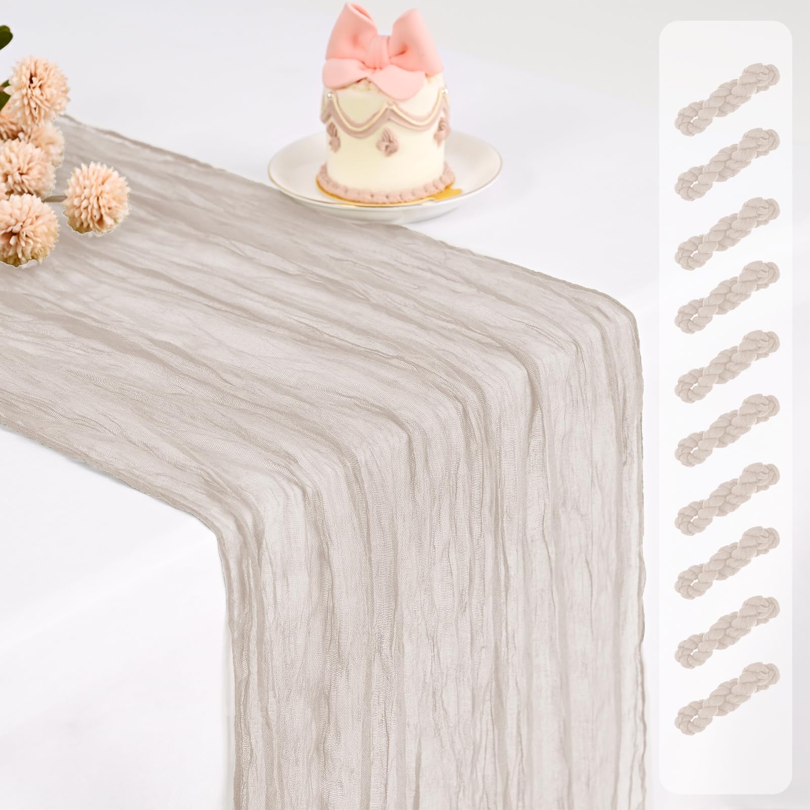 10 Pack Cheesecloth Table Runner,Brown Grey Table Runner Long Romantic Semi Sheer Rustic Boho Gauze Table Runners for Wedding Bridal Shower Birthday Party Decorations(17.7×108 Inch)