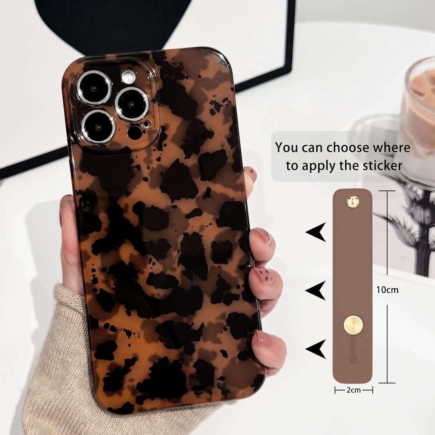 NITITOP Compatible with iPhone 15 Pro Max Case with Wrist Strap Cute Stylish Leopard Aesthetic Tortoise Amber Design for Women Girls Men Soft TPU Shockproof Protective Cover - Black - Image 3