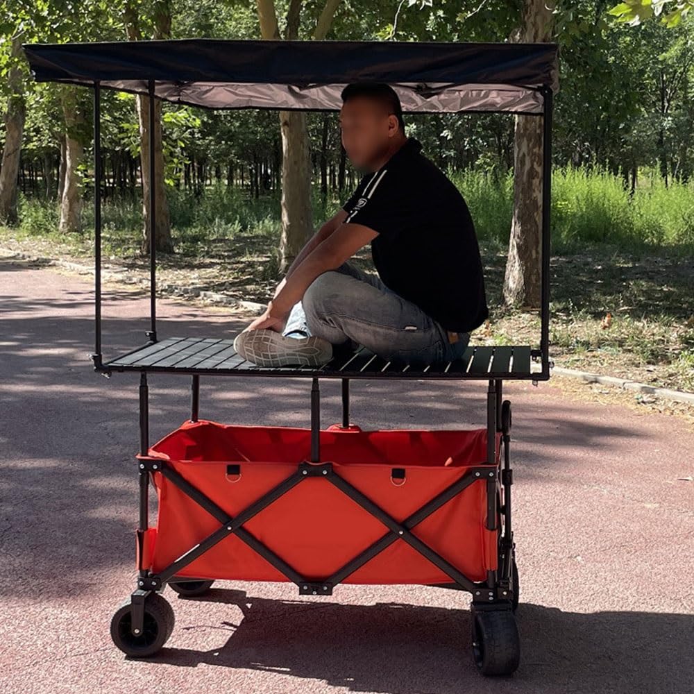 Carrello pieghevole da 130 cm con tettuccio e piano regolabile da tavolo, resistente, per spiaggia, spesa, campeggio, attività all'aperto, grande capacità, nero