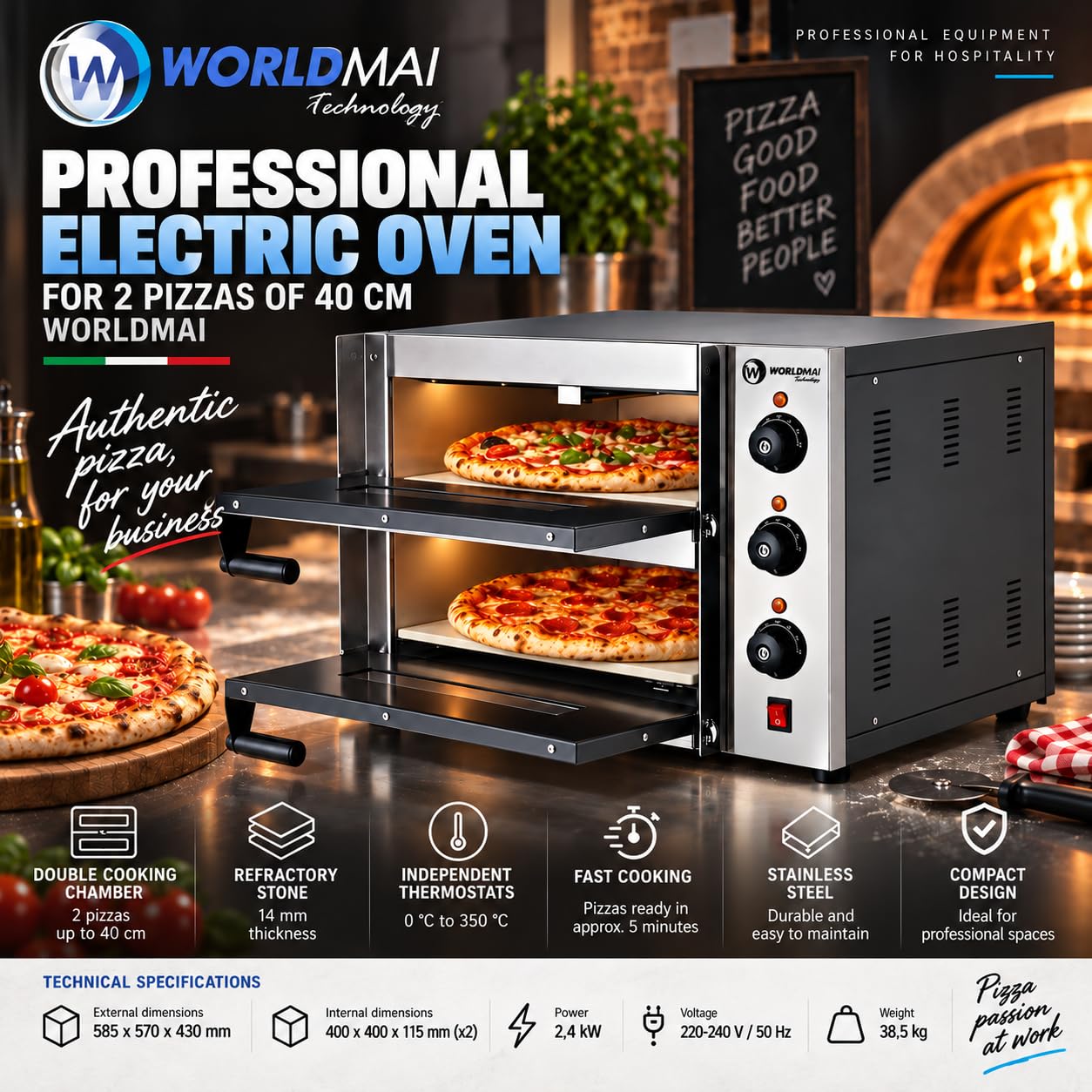 MBH profesjonalny piec do pizzy 2-piętrowy piec do pizzy ze stali nierdzewnej, przemysłowy piec do pizzy 2 x 40 cm, do baru i restauracji