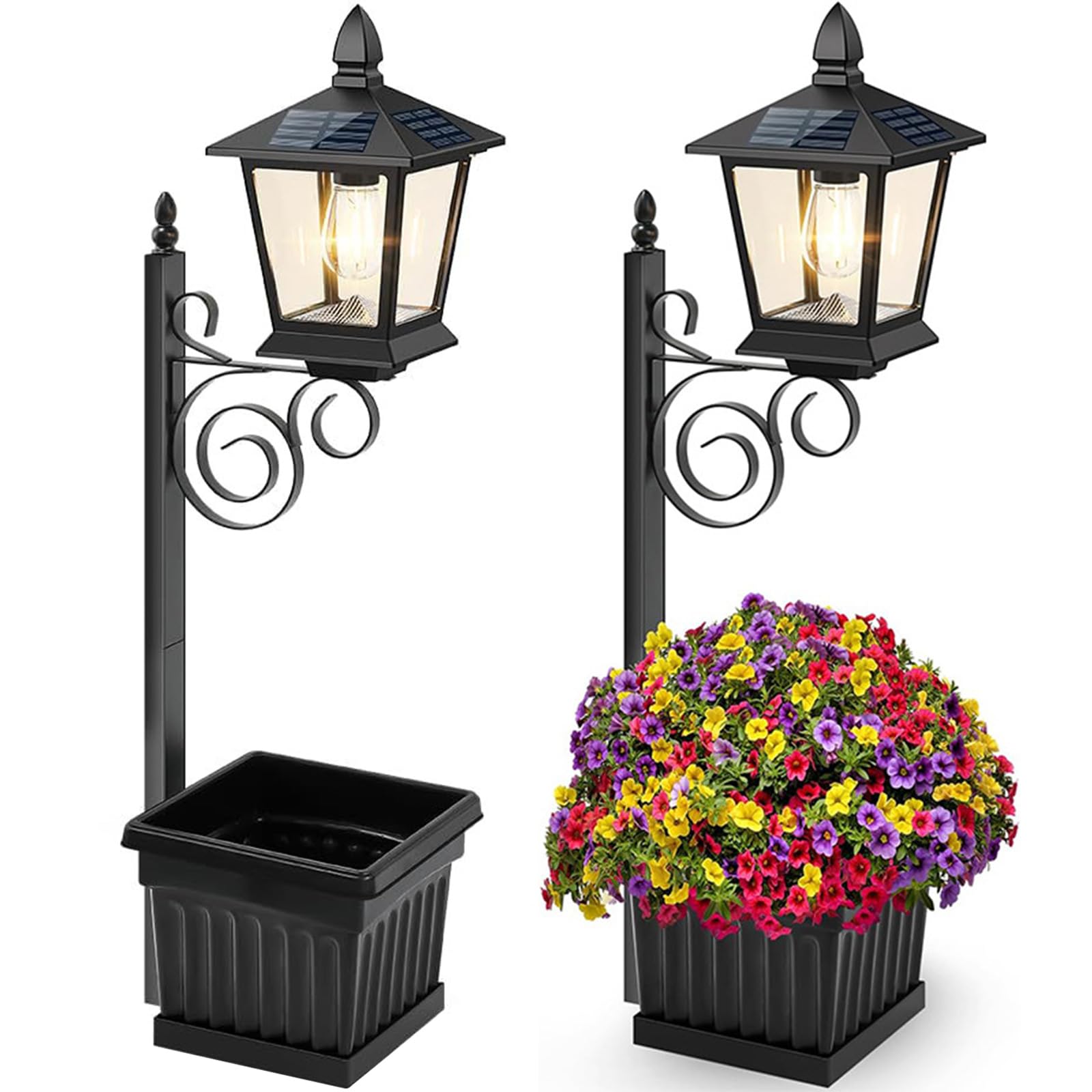 2 in 1 Solar Flower Pot Lamp, IP65 Waterproof LED Post Light, Wall Mount & Freestanding Decorative Solar Lamp, Warm White Outdoor Planter Light for Garden Patio Front Porch Back Door Terrace