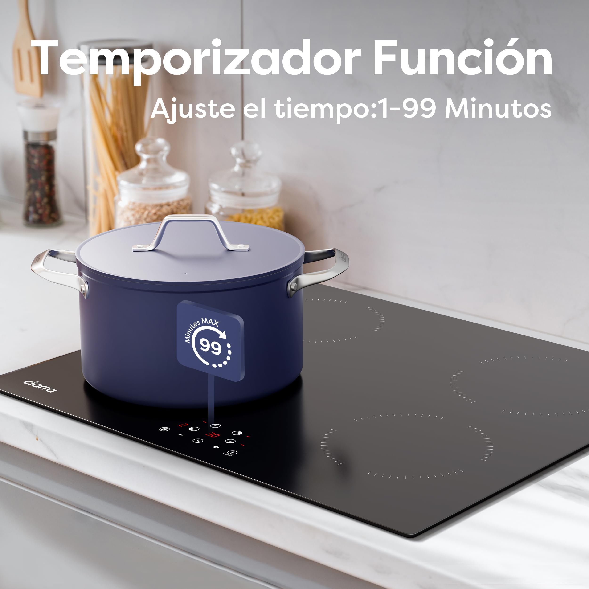 Ciarra Placa Vitroceramica Induccion 60 cm 4 Zonas CABBIH4-A | Limitador de Potencia 2,8/3,5/6kW, Bloqueo Infantil, Detector de Recipientes, Calor Residual, Apagado Automático