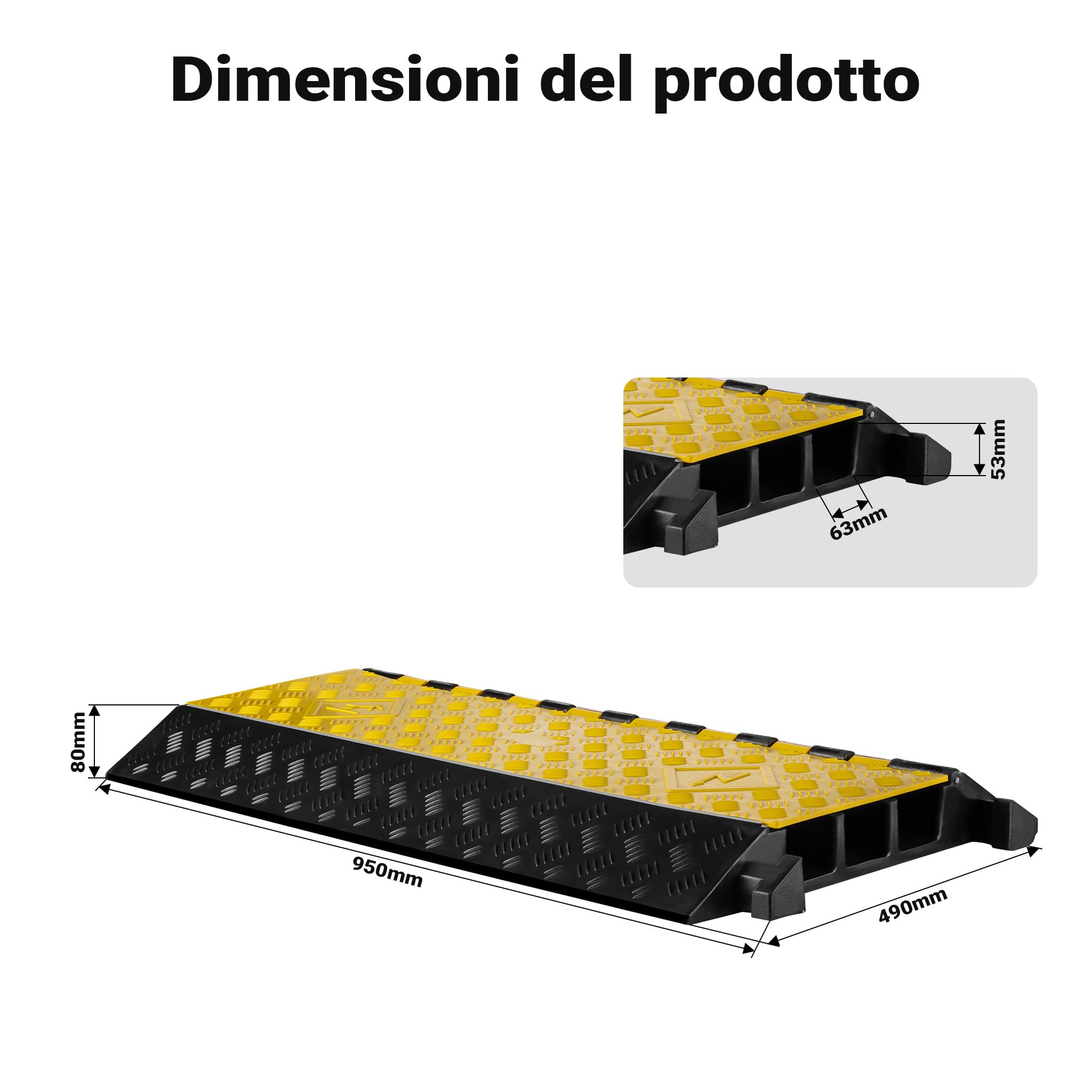Wiltec Canalina passacavi carrabile, 930x490x80mm, 3 canali, max 30 t, Pedana copricavo