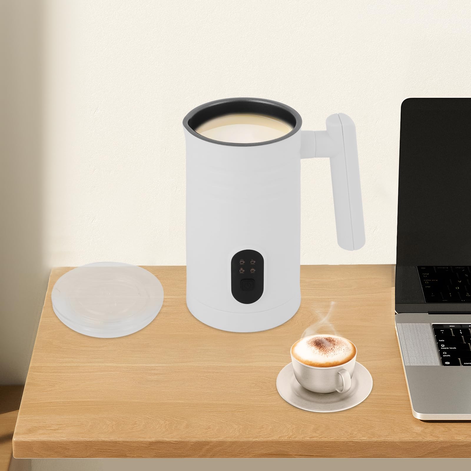 Elektryczny spieniacz do mleka, 350 ml, 4 w 1, do ciepłej i zimnej pianki mlecznej, automatyczne wyłączanie, spieniacz do latte macchiato, cappuccino (biały)
