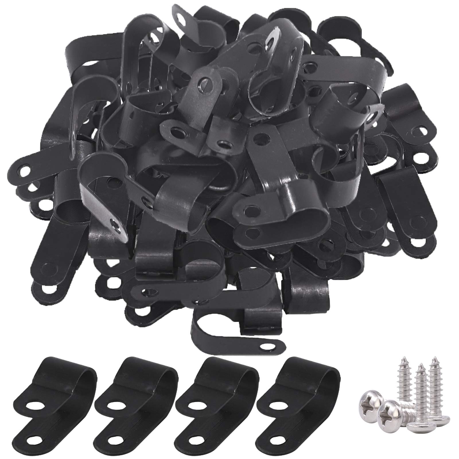 Glarks 120Pcs 3/8 Inch Black Nylon Screw Mounting R-Type Cable Clip Wire Clamp with 120Pcs Screws for Wire, Cable, Conduit and Cable Conduit Kit (