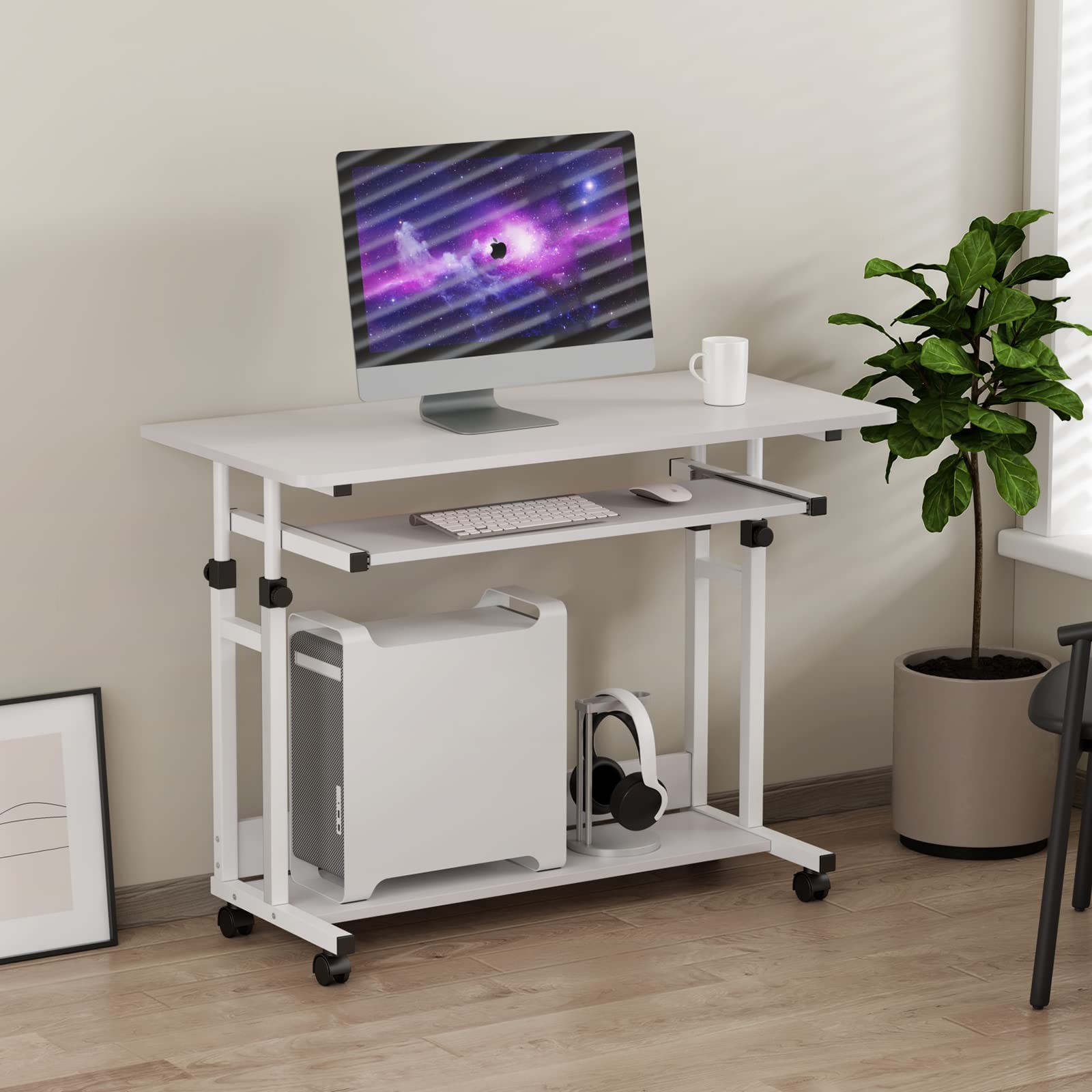 Dripex Schreibtisch höhenverstellbar, Computertisch mit Rollen, Schreibtisch klein auf Rollen, platzsparender Laptoptisch mit Tastaturauszug und Regal, PC Tisch klein für Home Office, Weiß