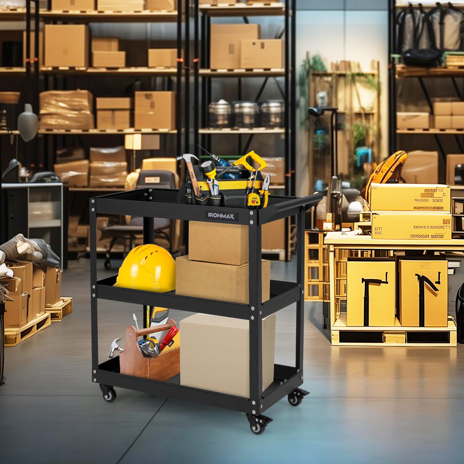COSTWAY Carrello Portautensili a 3 Livelli, Carrello Metallico Resistente con 3 Ripiani, 4 Ruote Universali con 2 Freni, per Garage, Casa, Magazzino, 73 x 36 x 75 cm (Nero)