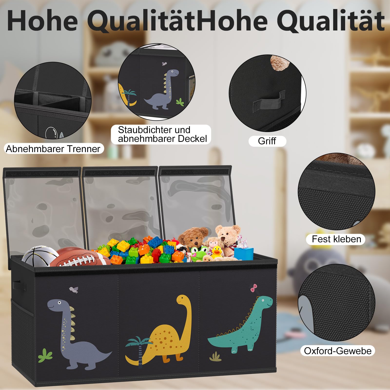 Caja de juguetes con tapa, para habitación infantil, tamaño extragrande, plegable, con asas, separador, para ropa de habitación infantil, color negro