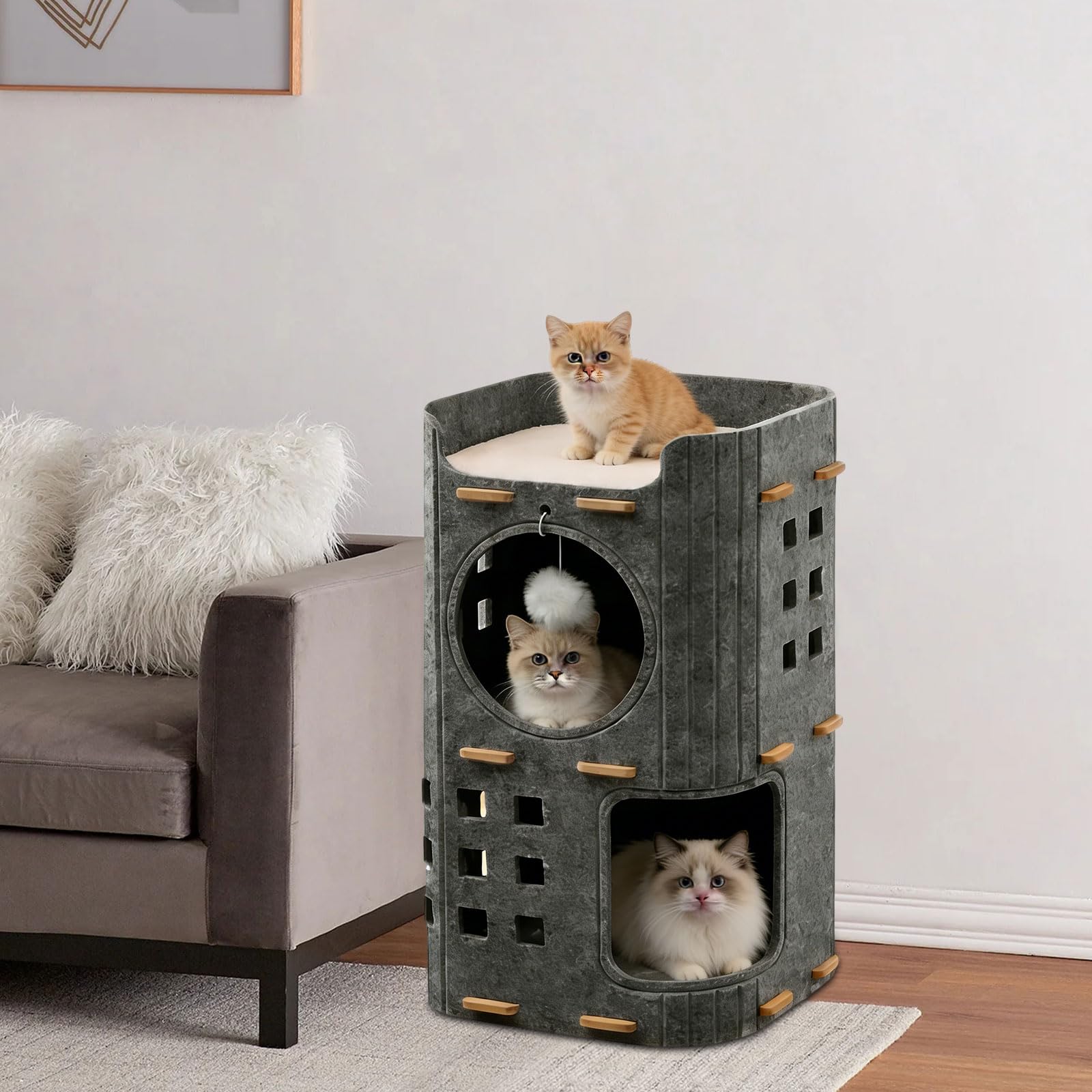 Niche pour chat en feutre, grand lit pour chat avec griffoir et balle de jeu, grotte pour l'intérieur des petits chats, protection des ongles de chat, cube d'intérieur pour chat, design chaud, gris