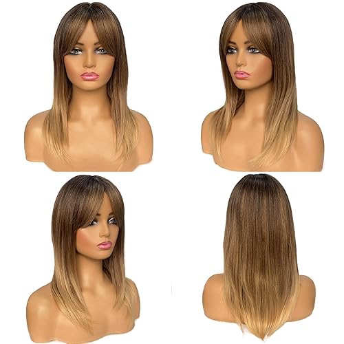 Miniatura 5 de MIMISERVICE Pelucas largas de color marrón claro para mujer, pelucas de cabello de raíces oscuras con flequillo, peluca sintética de longitud de