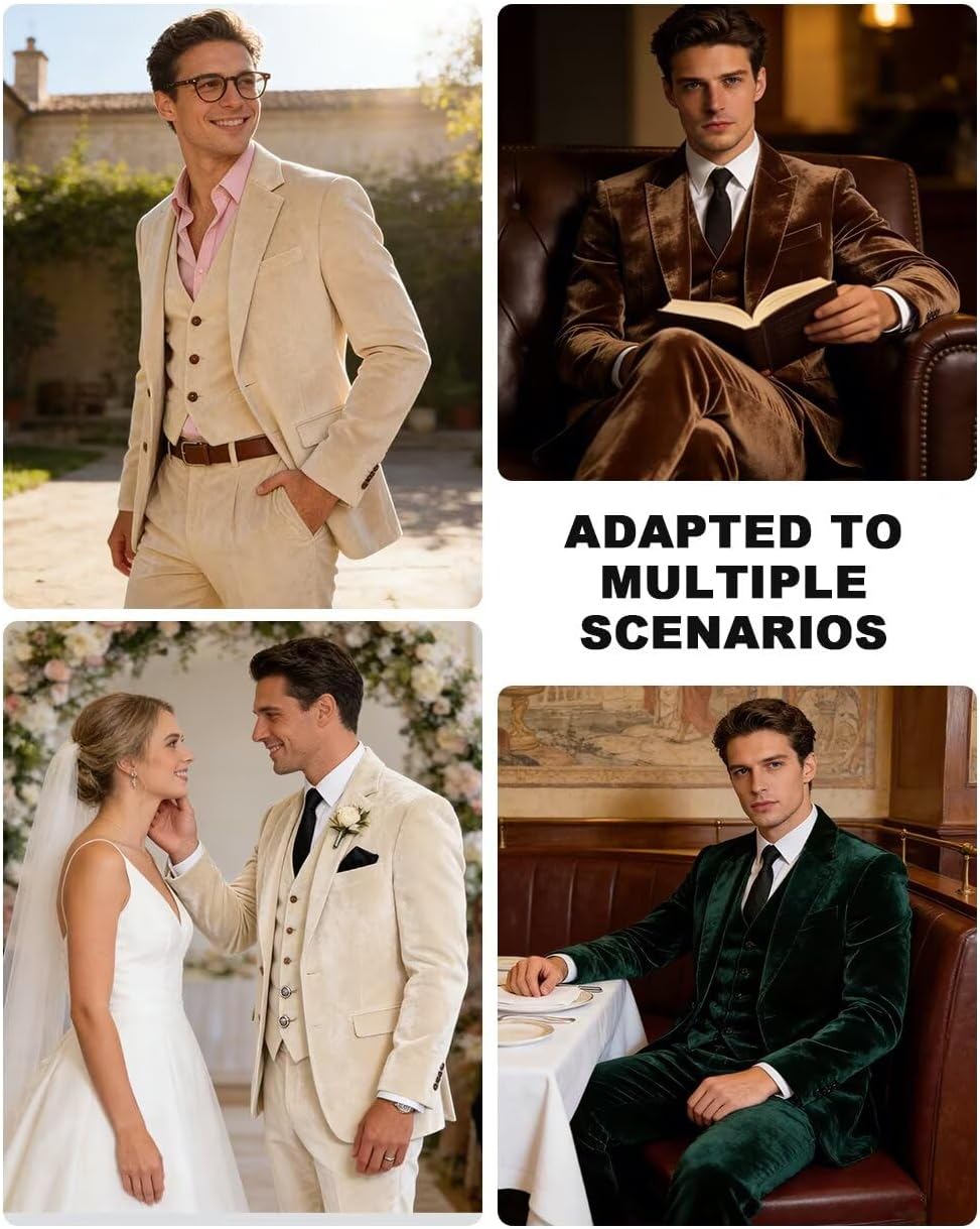 Retro Velvet Mens Suit 3 Piece Set Slim Fit Suits Jacket Blazer Vest Pants Velvet Tuxedos Sets for Men Wedding Prom Party