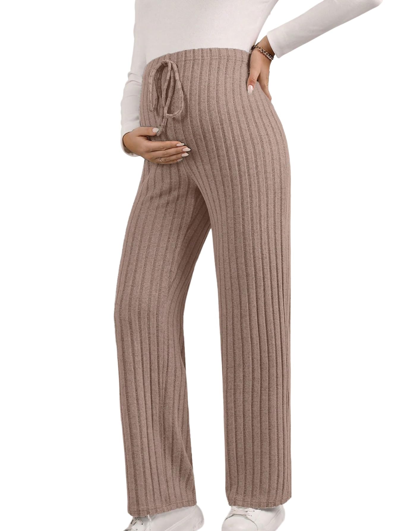 SOLY HUX Damen Hosen Bequem Umstandshose mit Schleife Schwangerhose Hohe Elatischer Bund Gerade Strickhose Einfarbig Freizeithose für Schwangere