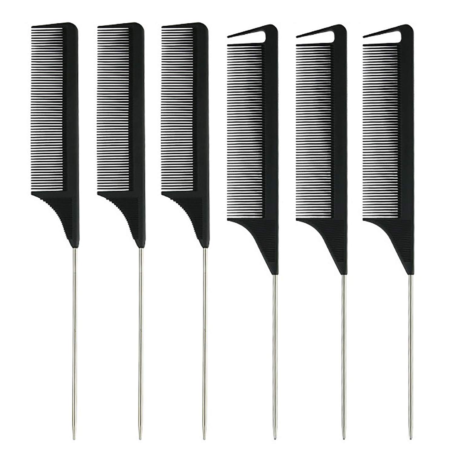 6 Pack Rat Tail Combs Parting Combs Stainless Steel Pintail Hair Combs for All Hair Types, 2 Style