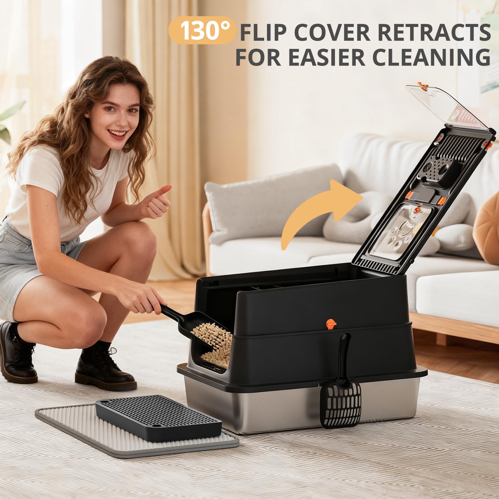 APPKER Stainless Steel Cat Litter Box, XL Enclosed Cat Litter Box with Lid, Easy to Clean High-Sided Metal Kitty with Top Entry, Scoop, Mat, Brush & Foot Pedal-Black - image 2