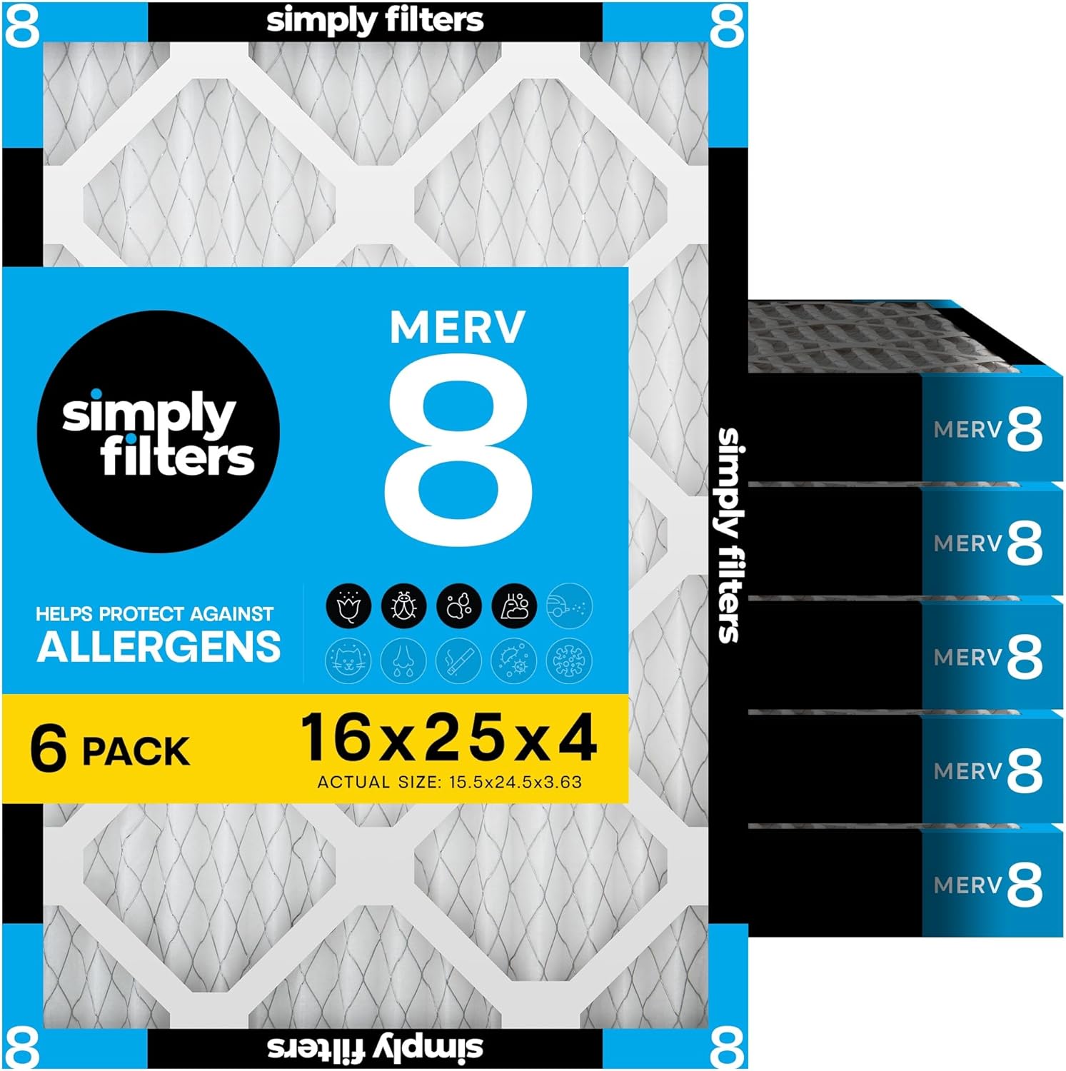 Simply 16x25x4 Air Filter MERV 8, 6 Pack, For Home AC Furnace & HVAC (Actual Size: 15.5"x24.5"x3.63") DUST Pet & Allergy Control