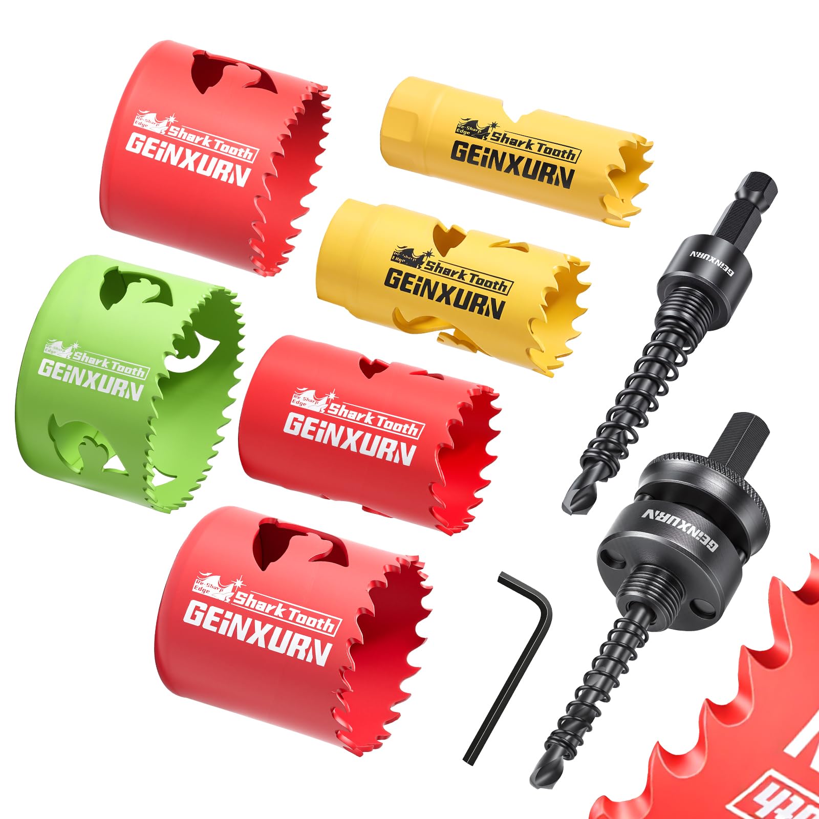 Geinxurn 8PCS Hole Saw Kit 19mm-68mm with Hole Saw Mandrel and Hex Wrench, HSS Bi-Metal Hole Cutter with Shark Tooth for Wood,Drywall, PVC Boards and Thin Metal