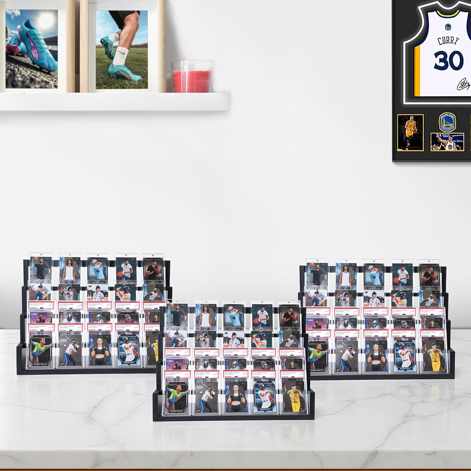 Card Display Stand, 4 Tier Sports Card Holder Display Tabletop, Black | Wooden Graded Trading Card Display Shelf - Baseball Basketball Football Cards Game Collection, Show & Vendor