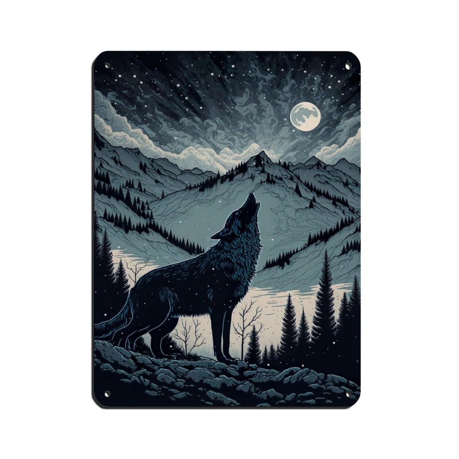 Wolf Howling at The Moon,Scandinavian Landscape Retro Poster Metal Tin Sign Chic Art Retro Iron Painting Bar People Cave Cafe Family Garage Poster Wall Decoration 12x16inch(30x40cm)