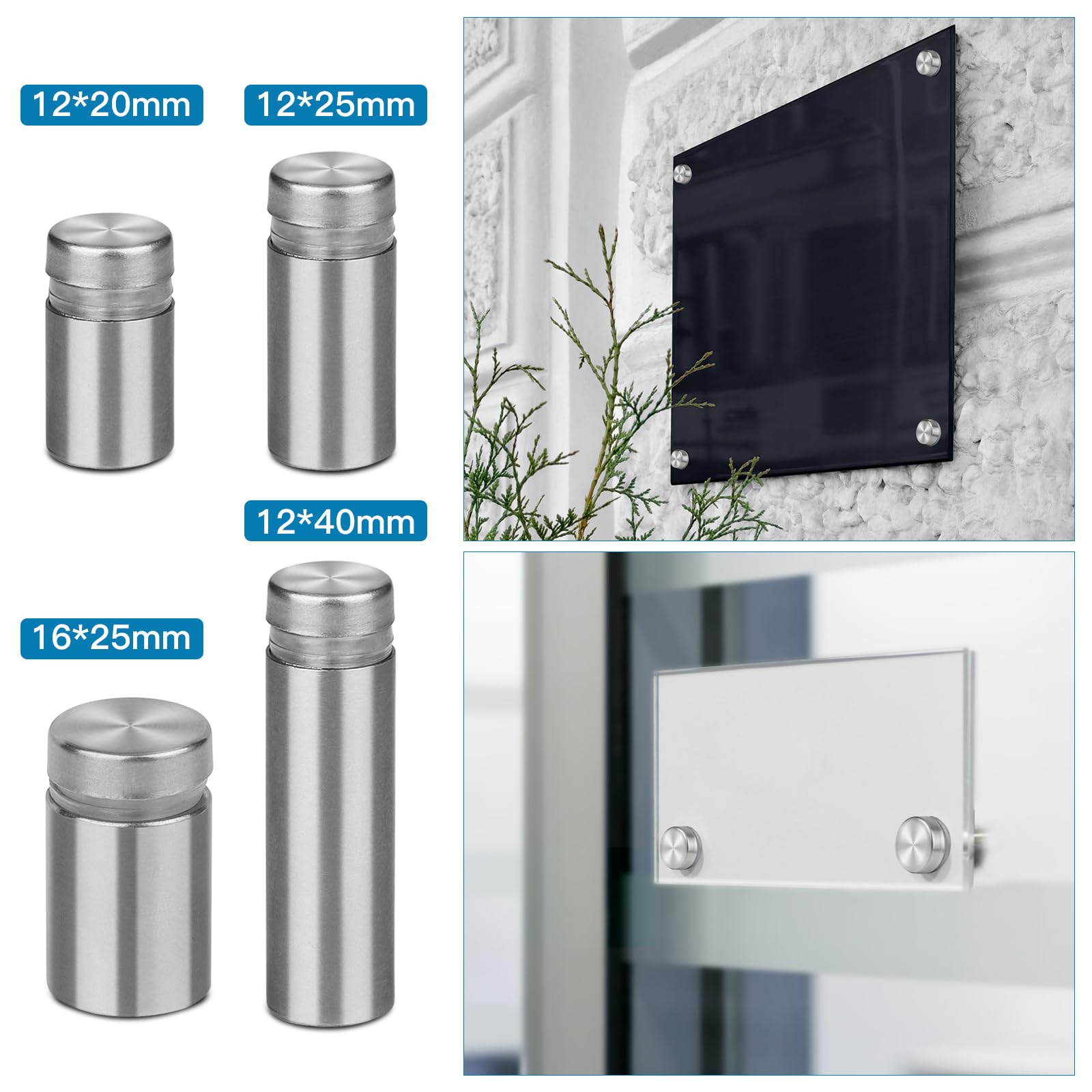 EFUTURETIME 40 x Tornillos Espaciadores de Acero Inoxidable, Clavo Publicitario 12 x 20mm, Separador Tornillos de Vidrio Publicidad, Glass Standoff Screws para Montaje de Publicidad, Carteles